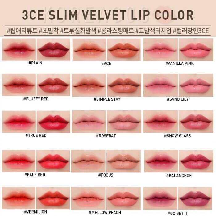 Bảng màu son 3CE Slim Velvet Lip Color