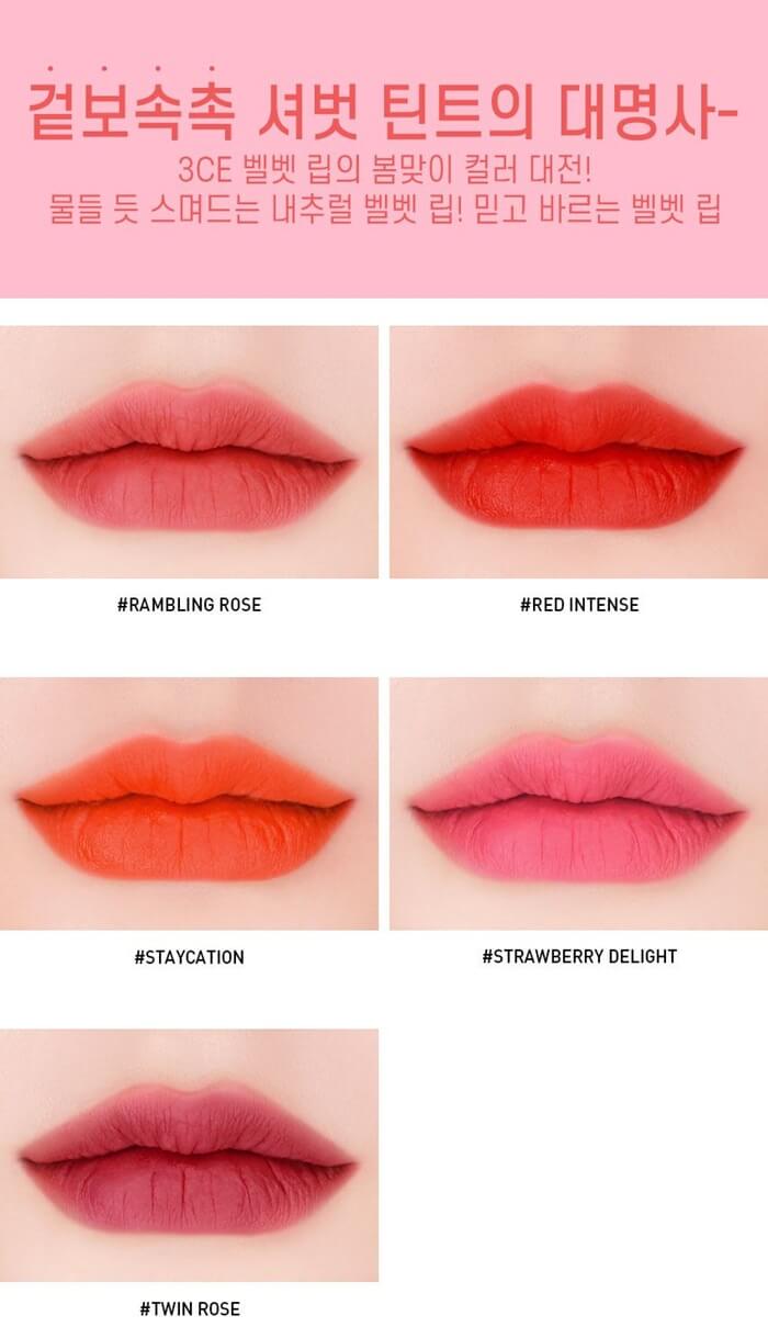 Bảng màu son 3CE Maison Kitsune Velvet Lip Tint